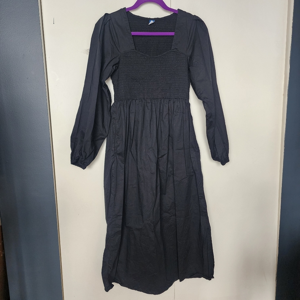 Old NAVY COTTON SMOCKED LONGSLEEVE DARK COTTAGECORE BLACK DRESS SMALL GOTH